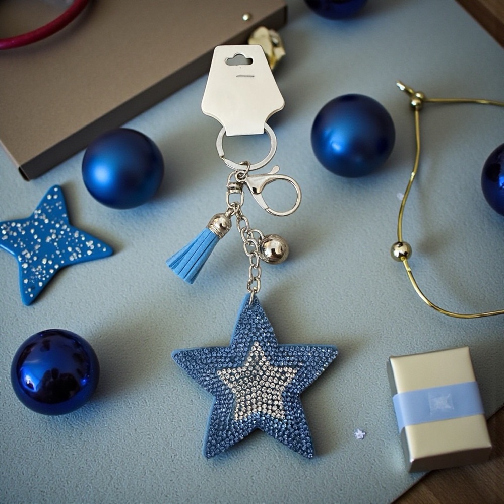 Blue Star Keychain with Rhinestones Sparkling Bag Charm‎ New